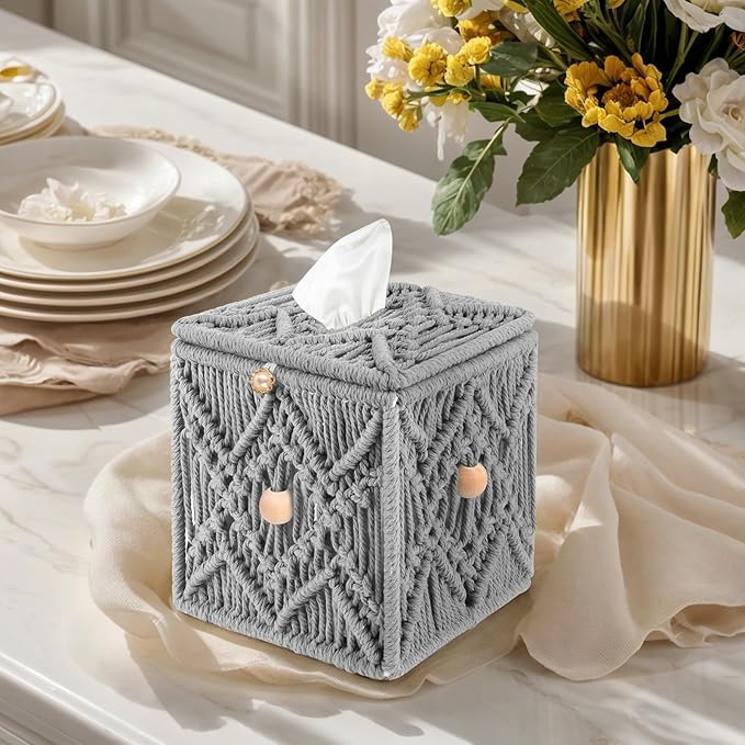KaloKalo Handmade Tissue Box Cover Decorative Macrame Boho Square Tissue Holder Cotton Rope Woven Napkin Facial Paper Organizer Bohemian Desk Storage Container with Buckle Wood Beads (Grey)