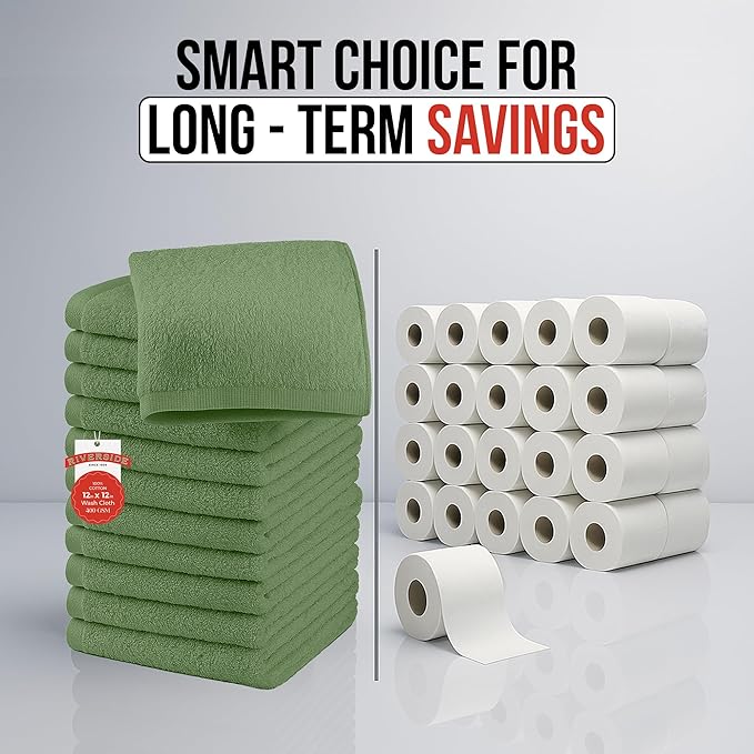 RIVERSIDE 12 Pack Washcloths - 12x12 Inches, 500 GSM, 100% Ring-Spun Cotton - Soft, Absorbent & Durable Face and Body Towels - for Bathroom, Spa, Gym, Makeup Removal & Everyday Use - Sage Green