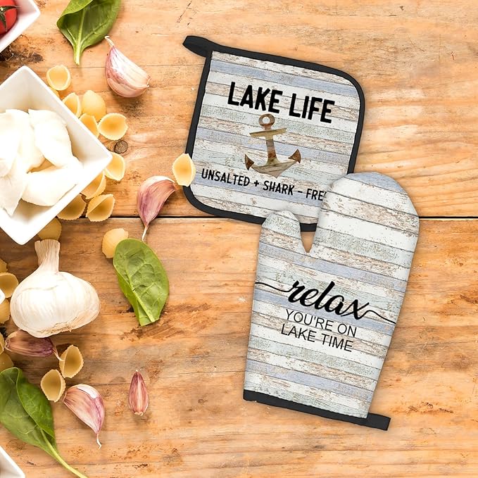 Lake House Gifts Oven Mitts and Pot Holders Sets, Lake Lovers House Kitchen Accessories Sets,Rustic Relax You’re on Lake Time Heat Resistant Oven Glove Potholders for Kitchen Cooking Baking BBQ
