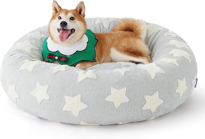 LE SURE Donut Large Dog Bed - XL Round Cat Beds Indoor Anti-Anxiety Calming Gift for Pets, Washable Cute Modern Beds with Jacquard Shaggy Plush & Anti Slip Bottom, 36 Inch, Christmas Grey