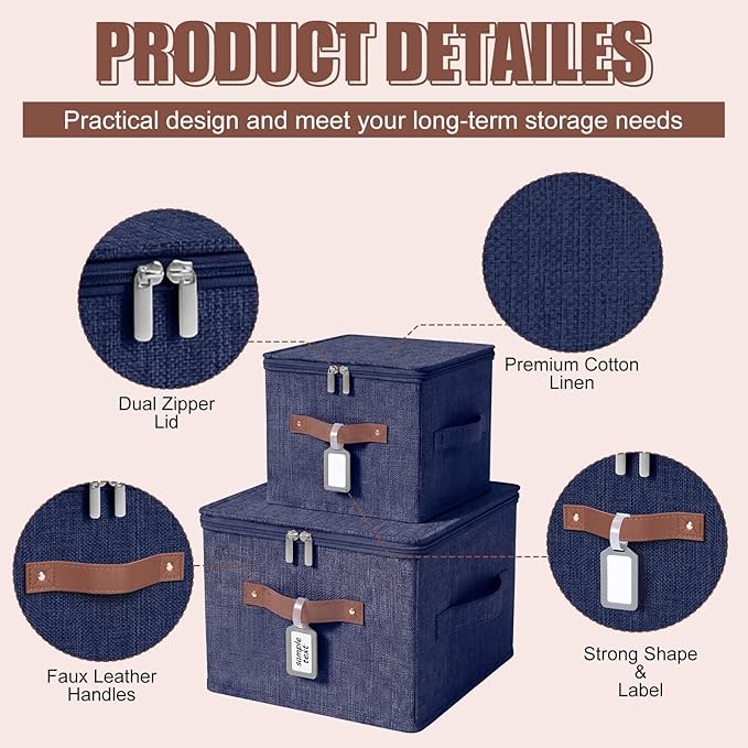 Fiwochic 6 Pack Fabric Storage Bins with Lids and Label, 10×8×7Inch Foldable Cotton Linen Cute Storage Boxes with PU Leather Handles for Closet, Bedroom, Shelf, Nursery, Dark Blue
