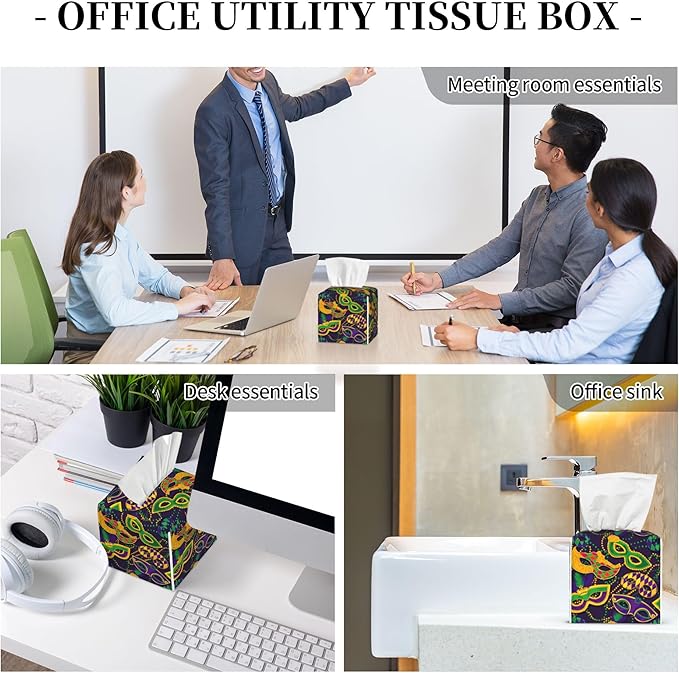 Tissue Box Cover Holder, Colorful Mardi Gras Masks PU Leather Square Tissue Box Cover Decorative Organizer for Bathroom Kitchen Bedroom Vanity Countertop Night Stands