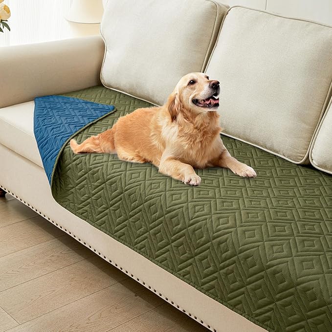 hyha Waterproof Dog Blanket, Soft Pet Bed Blankets, Waterproof Sofa Couch Cover for Dogs Washable, Reversible Pet Couch Covers for Sofa Furniture (30x70 Inch, Green/Navy Blue)