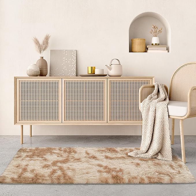 2x6 Soft Fluffy Beige Runner Rug for Bedroom Hallway, Plush Shag Rug Tan Carpet Non Slip Washable for Nursery Dorm Living Room, Fuzzy Bedside Long Rug Runner for Kids Girls Room Decor