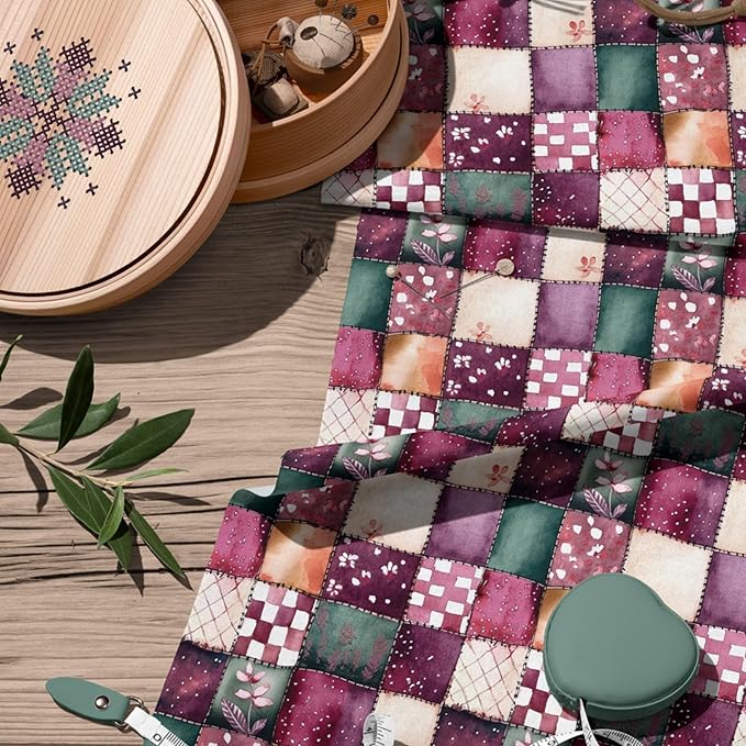 Plum Garden Patchwork Cotton Fabric – Elegant Burgundy & Green Patchwork Print Cotton 140 GSM, Panel 61 x 36.6 Inches, Pre-Cut Sewing Fabric Panel for Quilting, Crafts & Home Decor (USA Size)