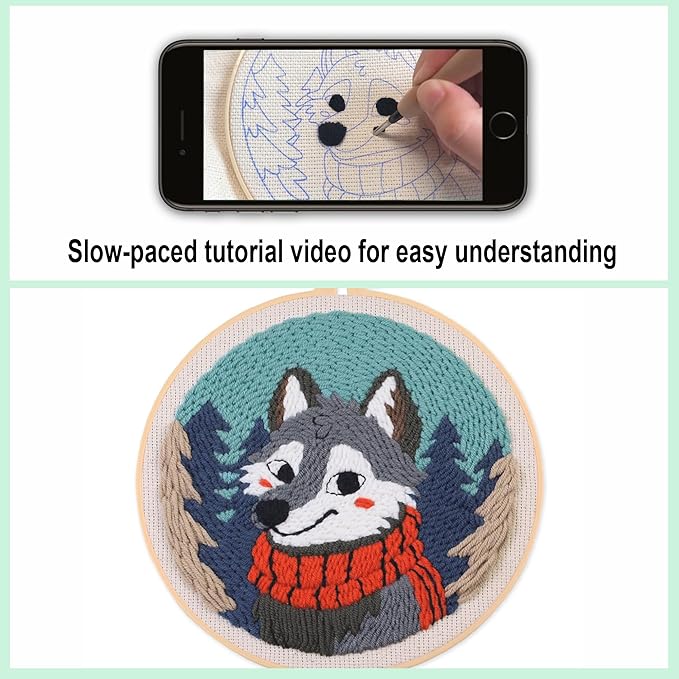 Myfelicity Punch Needle kit, a Beginner Set with Wolf Pattern Design, Suitable for Beginners and Adults with 7.9-inch Hoop