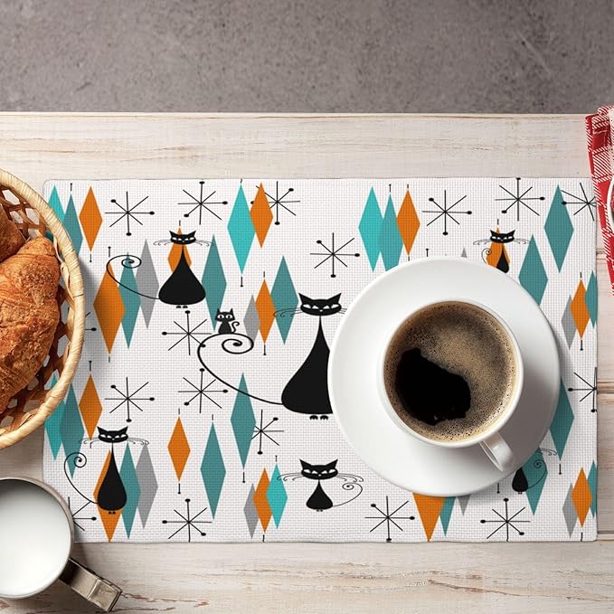 Mid Century Placemats, Modern Minimalist Art Abstract Geometric Atomic Star Explosion Black Cat Print Washable Fabric Placemats Table Kitchen Dining Party 12x18 Inch Set of 6