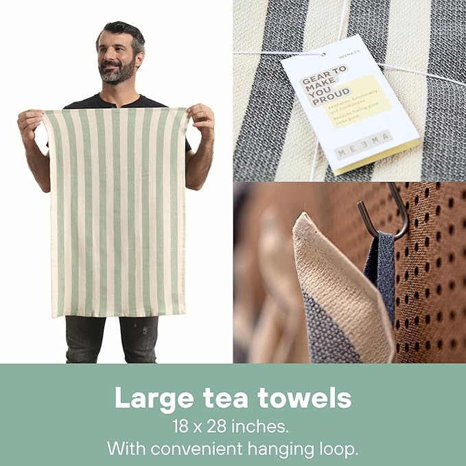 MEEMA Home & Kitchen Towels & Dishcloths Sets of 4 | Large 18 x 28 Kitchen Essentials & Hand Towels | Upcycled Cotton Tea Towel & Hand Towel | Dish Cloths for Washing Dishes | Sage Green Stripes