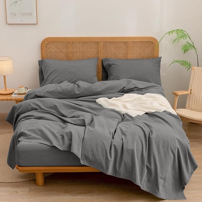 BESTOUCH Sheet Set 100% Washed Cotton Linen Feel Super Soft Comfortable Chic Lightweight 4 Pcs Home Bedding Set Solid Dark Grey Cal King