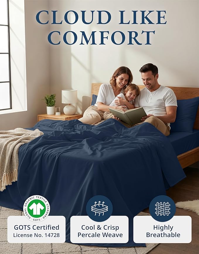LANE LINEN Eco Friendly 100% Organic Cotton Bed Sheets Queen Size, Soft & Comfy Percale Weave, Fully Elasticized Mercerized Naturally Cooling Cotton Sheets Queen Size Set- Navy