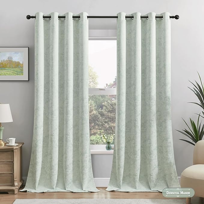 Beauoop Green Floral Jacquard Blackout Curtains 72 Inches Long 2 Panels for Bedroom Living Room Sage Flower Chenille Room Darkening Thermal Insulated Soundproof Grommet Window Treatments Drapes, 52x72