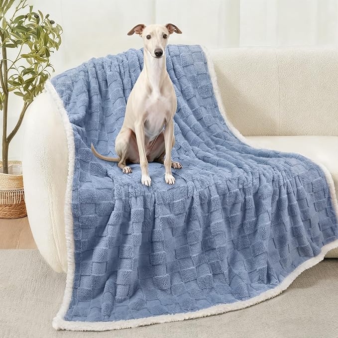 Luciphia Waterproof Dog Blanket for Large Dogs Washable Soft Sherpa Fleece Cat Blankets with 3D Jacquard Cozy Calming Reversible Bed Couch Protector Furniture Protection for Pet,Blue White, 65x57 inch