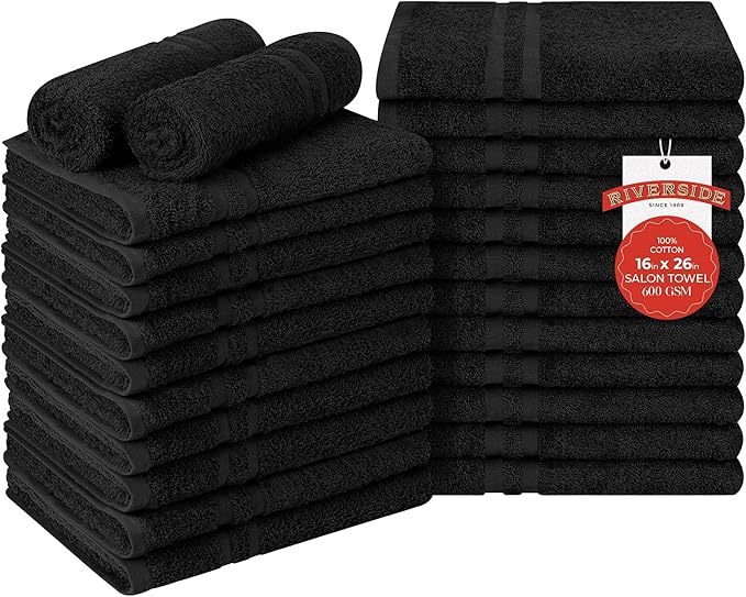 RIVERSIDE Pack of 24 Salon Towels Set (Not Bleach Proof), 16 x 26 Inches, 100% Ring Spun Cotton, Highly Absorbent & Quick Dry Hand Towels for Salon, Barber, Gym, Spa, Bathroom & Home, Black