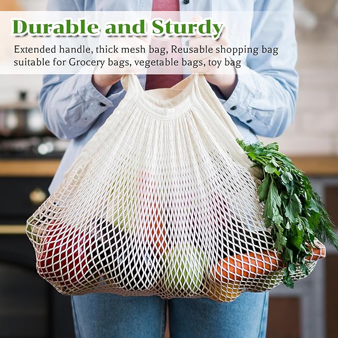 SHENLIU 12 Pack Cotton Mesh Grocery Bags Bulk, Portable Reusable Market Produce Container Washable Net Mesh Reusable Shopping Tote Bag with Handle for Vegetable Fruit Picnic
