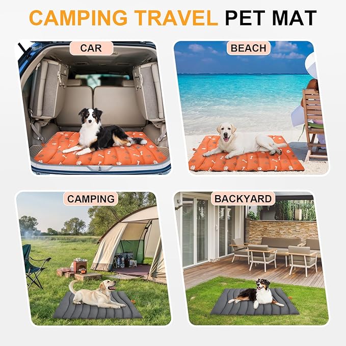 BEAUTYZOO Outdoor Dog Bed Waterproof, Camping Dog Bed Reversible, Portable Travel Bed with Carry Bag- Machine Washable, Durable, Foldable Outdoor Pet Bed Mat for Medium Large Dogs, 35" x 51" Orange