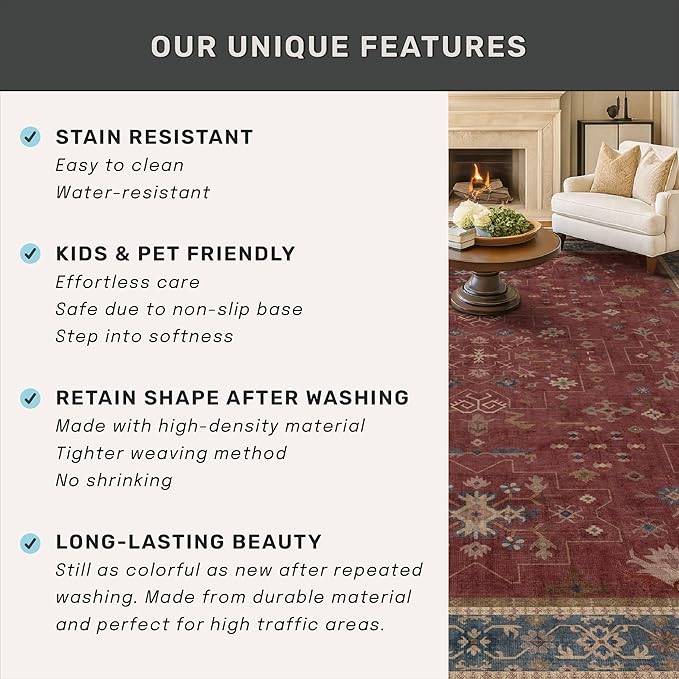 Red 2x8 Long Hallway Runner Rug - Boho Washable Indoor Front Door Mat for Entryway, Non Skid Rugs for Kitchen, Vitange Geometric Floral Low Pile & Soft Runner Carpet