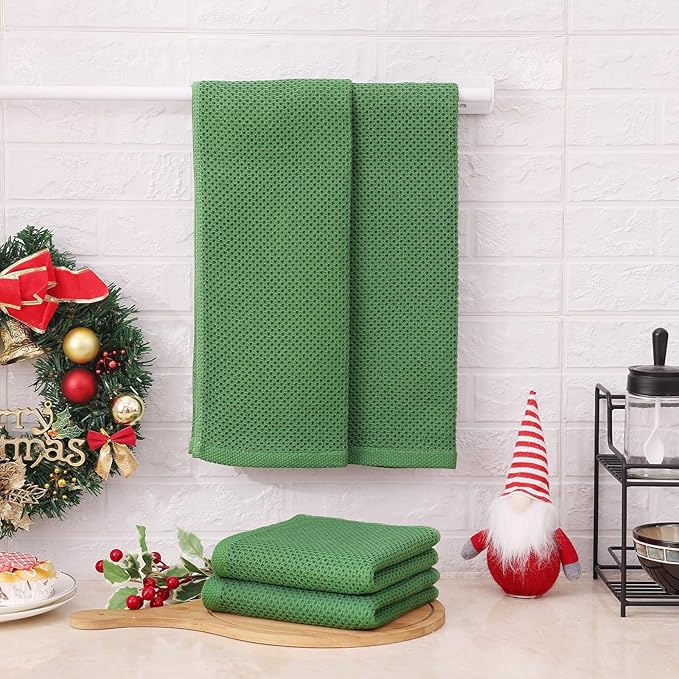 Kitinjoy 100% Cotton Waffle Weave Kitchen Towels, 4-Pack Super Soft and Absorbent Dish Towels for Drying Dishes, Kitchen Hand Towels, 13 in x 28 in, Grass Green