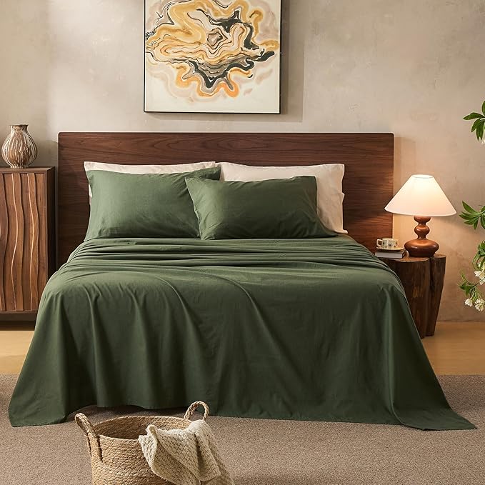 100% Linen Sheets California King Size,Breathable & Durable 4-Piece Bed Flax Sheet Set,Soft All-Season Bedding for Hot Sleepers 16" Deep Pocket Oeko-TEX Certified,（Cal King, Forest Green）