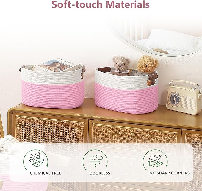 ECDYQXVU Cotton Rope Basket, Storage Baskets with Handle, 15x10x9 Inch Woven Basket for Shelves, Laundry, Towels, Clothes, Books (White/Pink 3Pack)