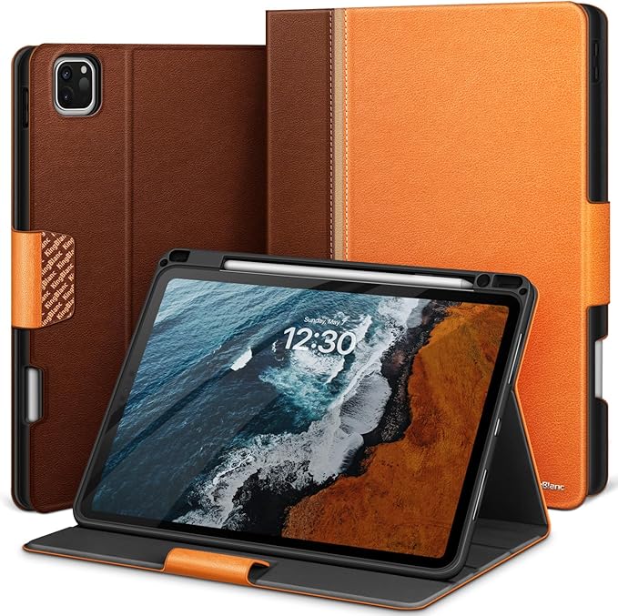 KingBlanc Case for iPad Pro 11-inch Case 4th/3rd/2nd Generation (2022/2021/2020) with Pencil Holder, Vegan Leather Bicolor Cover, Auto Sleep Wake, Apple Pencil 2. Charging, Orange Brown