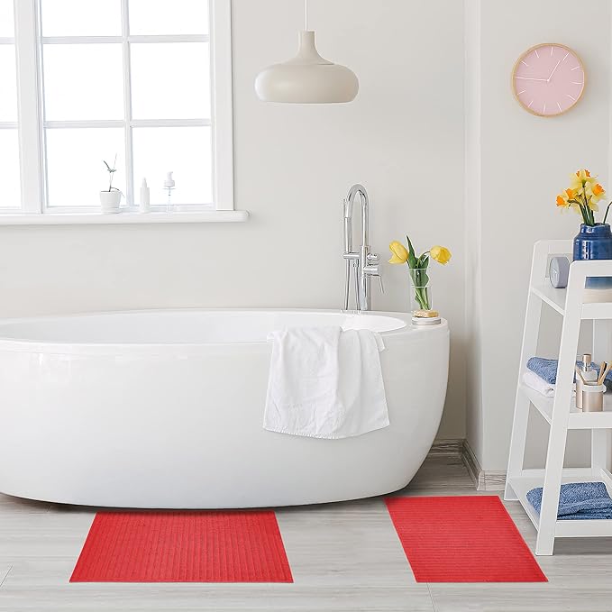 Superior Striped Bath Mat 2-Pack, 100% Combed Cotton, Luxury Spa Ribbed Texture, Durable and Washable Bathroom Mats - Cranberry, 22" x 35" each