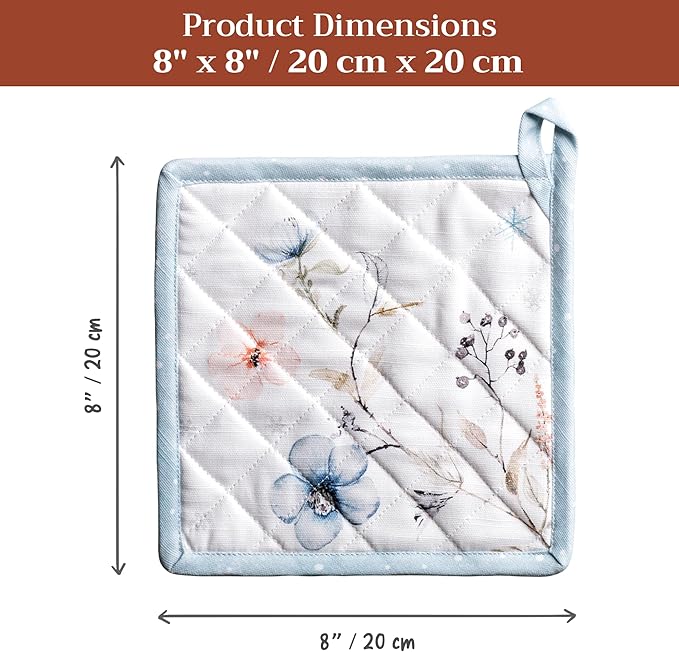 Maison d' Hermine Pot Holders Set 100% Cotton Heat Resistant Potholders 8" x 8" Hot Pads with Loop for Thanksgiving Christmas Decorations BBQ Cooking Baking Handling Hot Pans (Pack of 2, Ice Florals)
