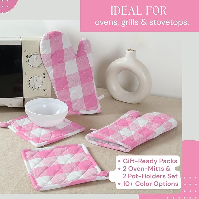 Buffalo Plaid Check Oven Mitts and Pot Holders Set, 100% Cotton, Heat Resistant, 2 Oven Gloves (7x13 Inches) and 2 Hot Pads (8x8 Inches) for Cooking and Baking, Rose Pink White