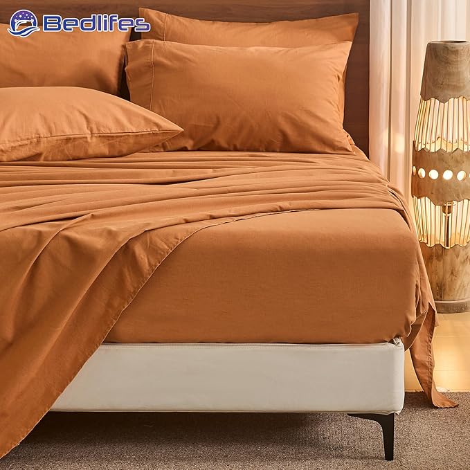 Bedlifes 100% French Pure Linen Sheets King Size Breathable and Cooling Flax Sheet Set Soft Durable and Moisture Wicking 16 Inch Deep Pocket-4 Piece(King,Brown)