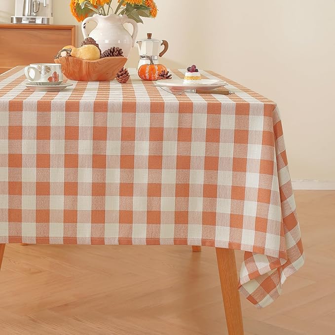 Alsoo Checkered Tablecloth Rectangle Gingham Table Cloth Washable Cotton Linen Fall Thanksgiving Buffalo Plaid Table Cover for Picnic Kitchen Dining Room, Orange and White, 60 * 90 inch