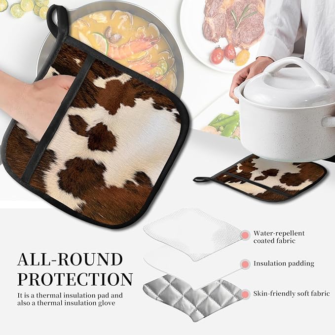 Pot Holders for Kitchen, Heat Resistance Hot Pads, Cute Potholder with Pocket for Kitchen Cooking Baking, Brown Cowhide