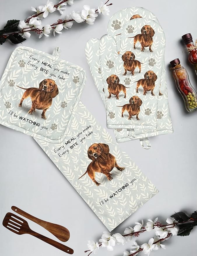Dachshund 3-Piece Kitchen Set - Oven Mitt, Pot Holder & Kitchen Towel Set, Heat Resistant up to 420 F, Soft Quilted Cotton for Cooking, Baking, BBQ, Pet Lover Gifts (Dachshund Red)