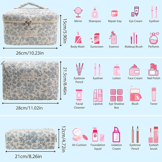 Cozomga Quilted Makeup Bag, Large Capacity Travel Cosmetic Bag for Women and Girls, Aesthetic Storage for Daily and Travel Use (3pcs-Orchid)