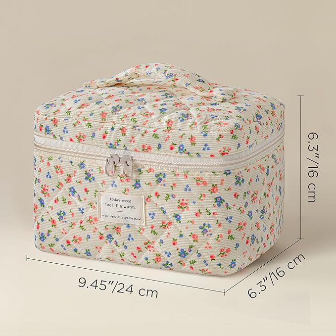 HBselect Christmas Gifts Large Quilted Makeup Bag, Cute Cotton Travel Makeup Bag with Handle, Portable Coquette Floral Make up Bags, Toiletry Organizer Make up Bags for Women Teen Girls Mom