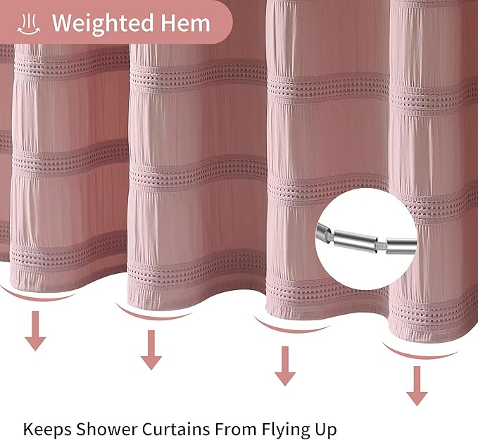 Lameirose Extra Long Pink Shower Curtain Farmhouse,72 x 78 Cotton Blend Waffle Tufted Striped Chic Textured Fabric Shower Curtain for Bathroom, Hotel, Washable
