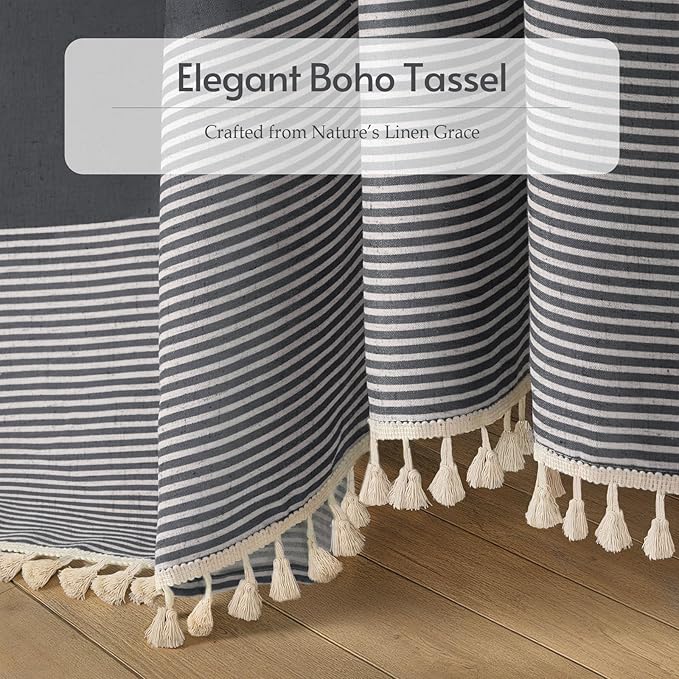XOGUIBO Dark Grey Shower Shower Curtain Boho Linen Striped Shower Curtains for Bathroom with Tassel 72 X 72