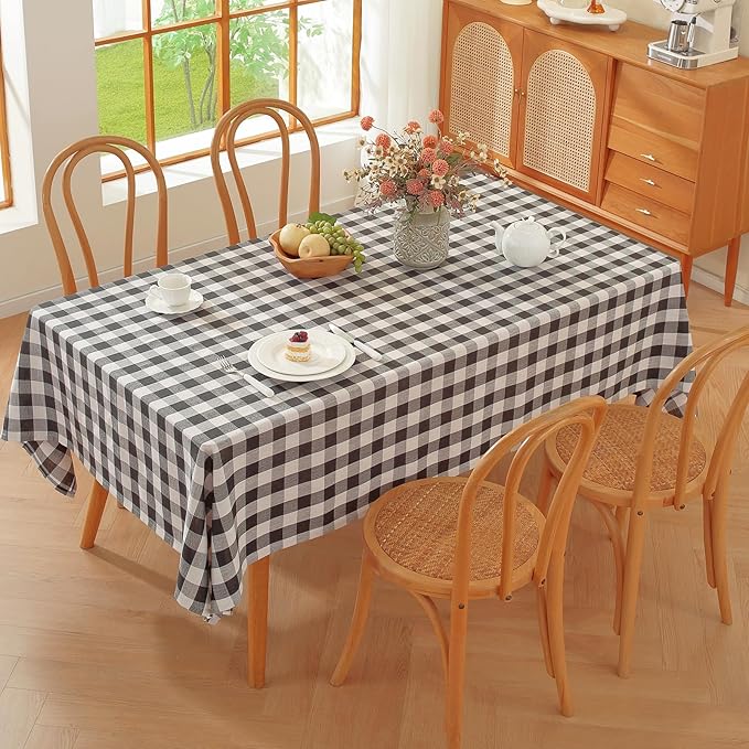 Alsoo Gingham Table Cloth Rectangle Tablecloth Heavy Duty Cotton Checkered Tablecloths Linen Table Cover for Spring Picnic Kitchen Dining, Black and White, 60 * 75 inch