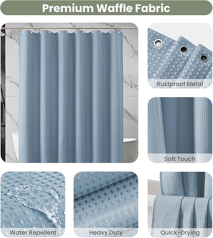 Inhousolu Fabric Shower Curtain Waffle Weave, Fog Blue 230 GSM Heavy Duty, Weighted Hem, 8 Metal Hooks, Water Repellent, Machine Washable, Hotel Spa Luxury Bath Curtain Set, 36 x 72 Inch
