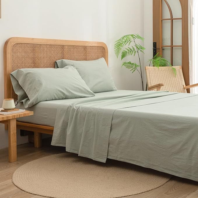 BESTOUCH Sheet Set 100% Washed Cotton Linen Feel Super Soft Comfortable Chic Lightweight 4 Pcs Home Bedding Set Solid Sage Green King
