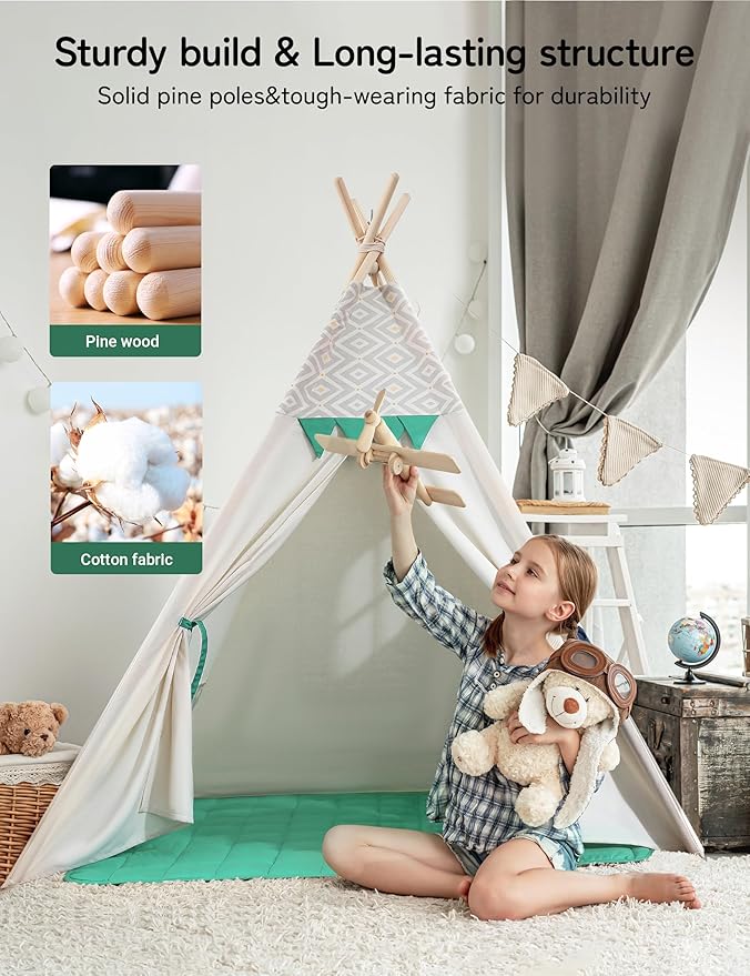 besrey Teepee Tent for Kids with Padded Mat & Light, Kids Tents Indoor Playhouse, Large Tipi Tent, Christmas Play Tent for Toddler Boys Girls, Foldable Portable Toddler Reading Room
