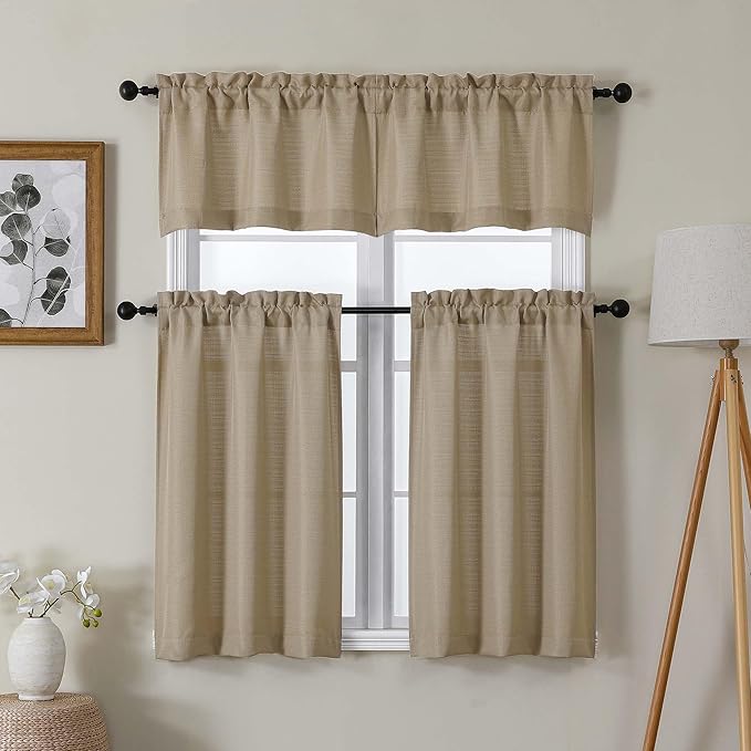 Lecloud Bessie Camel Kitchen Curtains 30 Inch Length 2 Pcs, Faux Linen Textured Light Filtering Short Curtains, Soft Window Treatments with Dual Rod Pocket, Each 30 W x 30 L