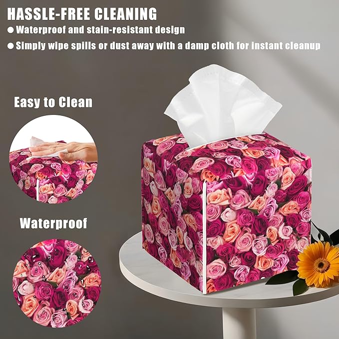 BLYKVGHQ Square Tissue Box Cover Pink and Orange Roses Tissue Box Holder Facial Cube Paper Dispenser Leather Decorative Organizer Home Office Desk Decor, 5.2"x5.2"x5.2"