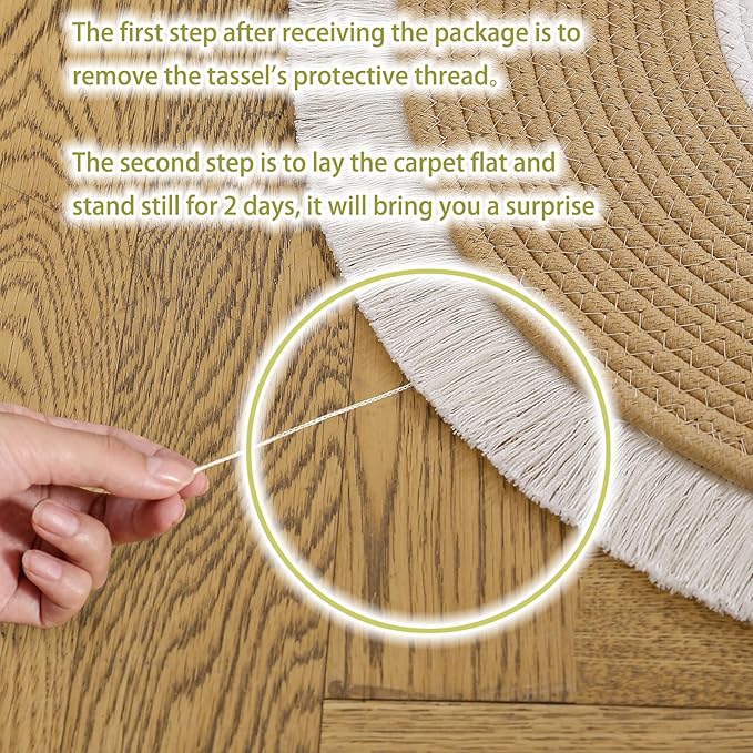 Handwoven 4ft Round Cotton Rope Rug with Tassel Trim – Washable Boho Braided Circle Rug for Bedside, Nursery, Entryway – Beige & White, Soft & Durable