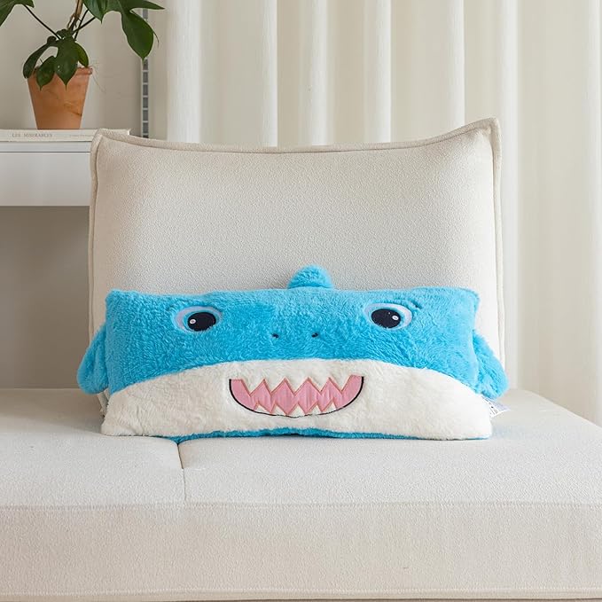 Snugtown Stuffed Animal Lumbar Pillow, Super Soft Plush Cuddle Throw Pillow for Kids, Cute Shark Shaped Pillow, 12 x 24 Inches, Baby Blue