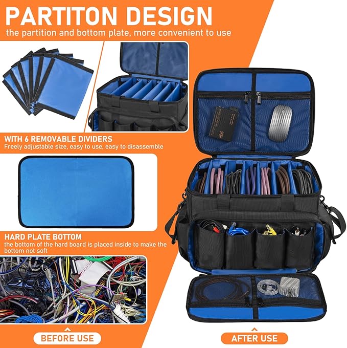 IBVIVIC Cable File Bag With Adjustable Dividers Dj Gig Bag for Cables, Cords,DJ Gear,Sound Instrument and Accessories 16L x 11W x 12H inch, Blue