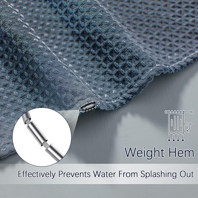 PANGSINNE Blue Shower Curtain 256GSM Waffle Shower Curtain Heavy Duty for Bathroom, Water Repellent Weighted Hotel Quality Polyester Bath Curtain Set with 12 Metal Hooks, 72Wx72H Navy