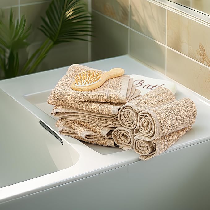 Tens Towels Pack of 24 Washcloths, 12 x 12 Inches, Lighter Weight, Quick to Dry, Super Soft & Absorbent, Gentle Face Towels, Hotel Quality, Perfect for Bathroom, Gym, Spa (Beige, 24 Pack)