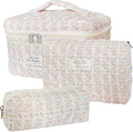 Cozomga Quilted Makeup Bag, Large Capacity Travel Cosmetic Bag for Women and Girls, Aesthetic Storage for Daily and Travel Use (3pcs-pinkleavesflowers)