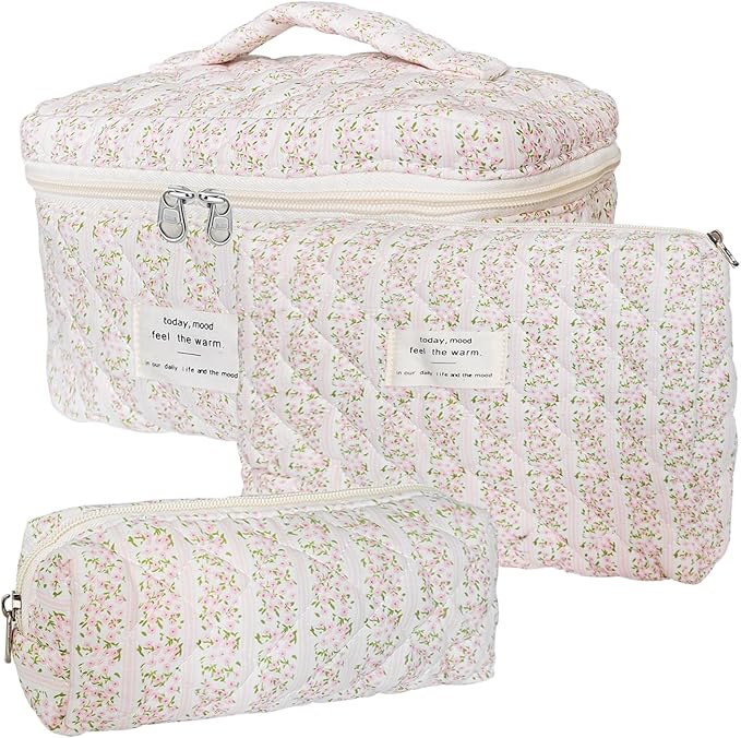 Cozomga Quilted Makeup Bag, Large Capacity Travel Cosmetic Bag for Women and Girls, Aesthetic Storage for Daily and Travel Use (3pcs-pinkleavesflowers)