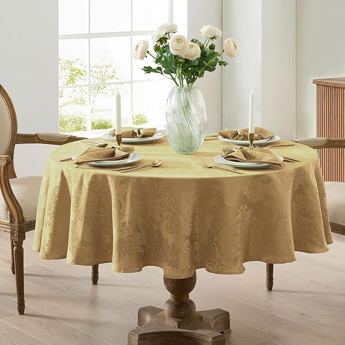 Newbridge Barcelona Damask Fabric Tablecloth, 90 Inch Round, Gold – No Iron, Soil Resistant Table Cover for Dining, Parties and Holidays