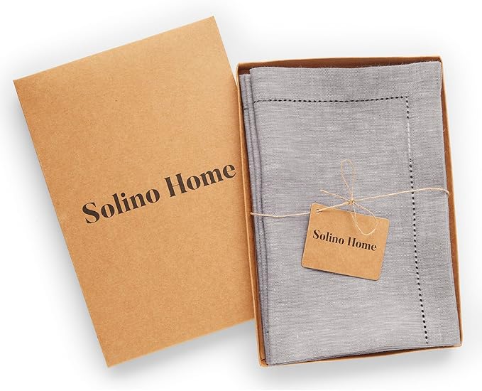 Solino Home Oyster Grey Linen Napkins Set of 4-100% Pure Linen Hemstitch Dinner Napkins 20 x 20 Inch for Spring, Easter - Milan
